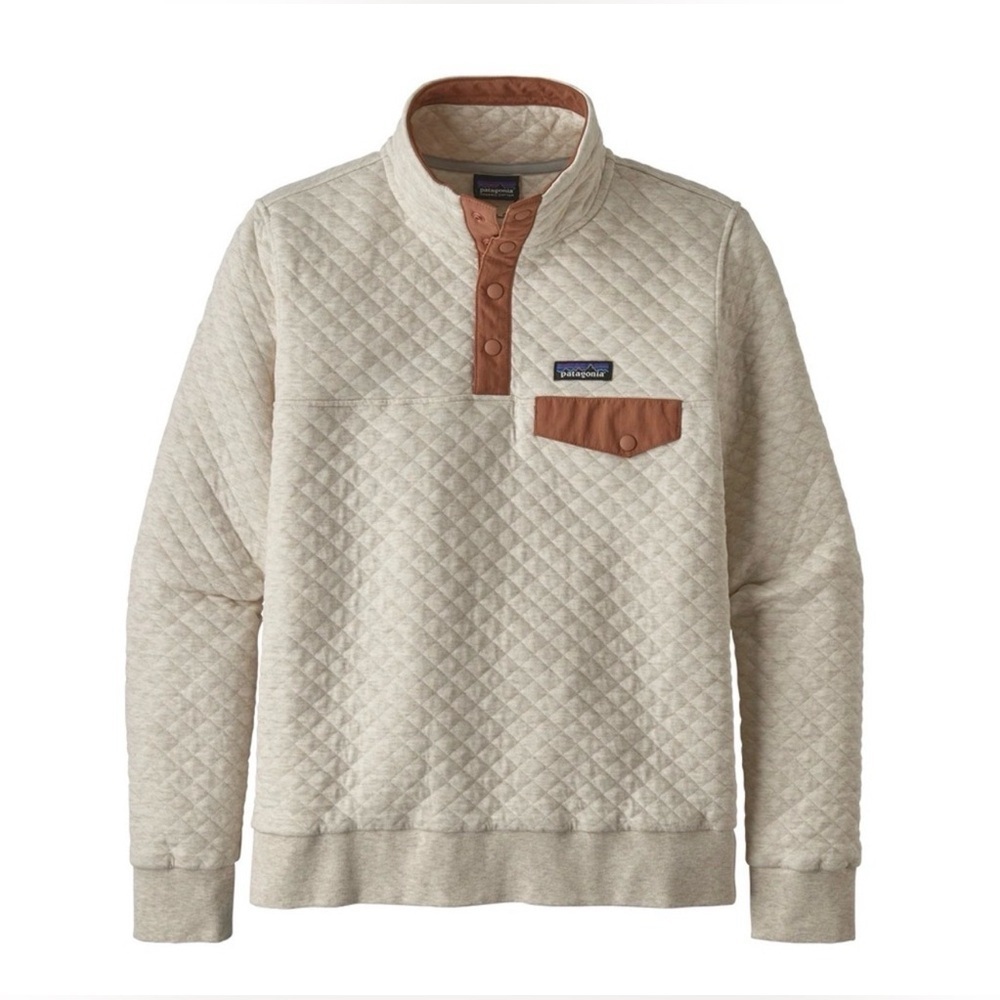 Patagonia Quilted Pullover Sweater in Oatmeal with Brown Accents
